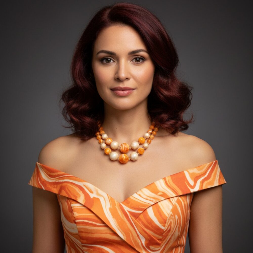🍊 Vintage Orange & Cream Marbled Beaded Necklace – Double Strand Bold Statement